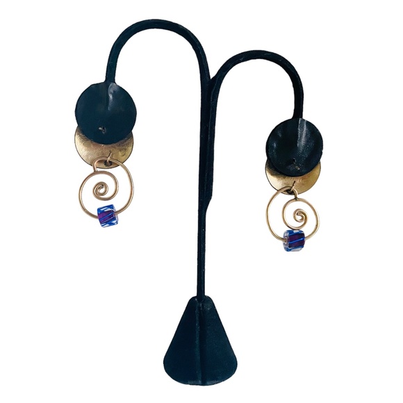 Barbara Sucherman 14 KT Gold Plated Sterling Silver Blue Glass 80 Earrings Rare - Picture 3 of 6